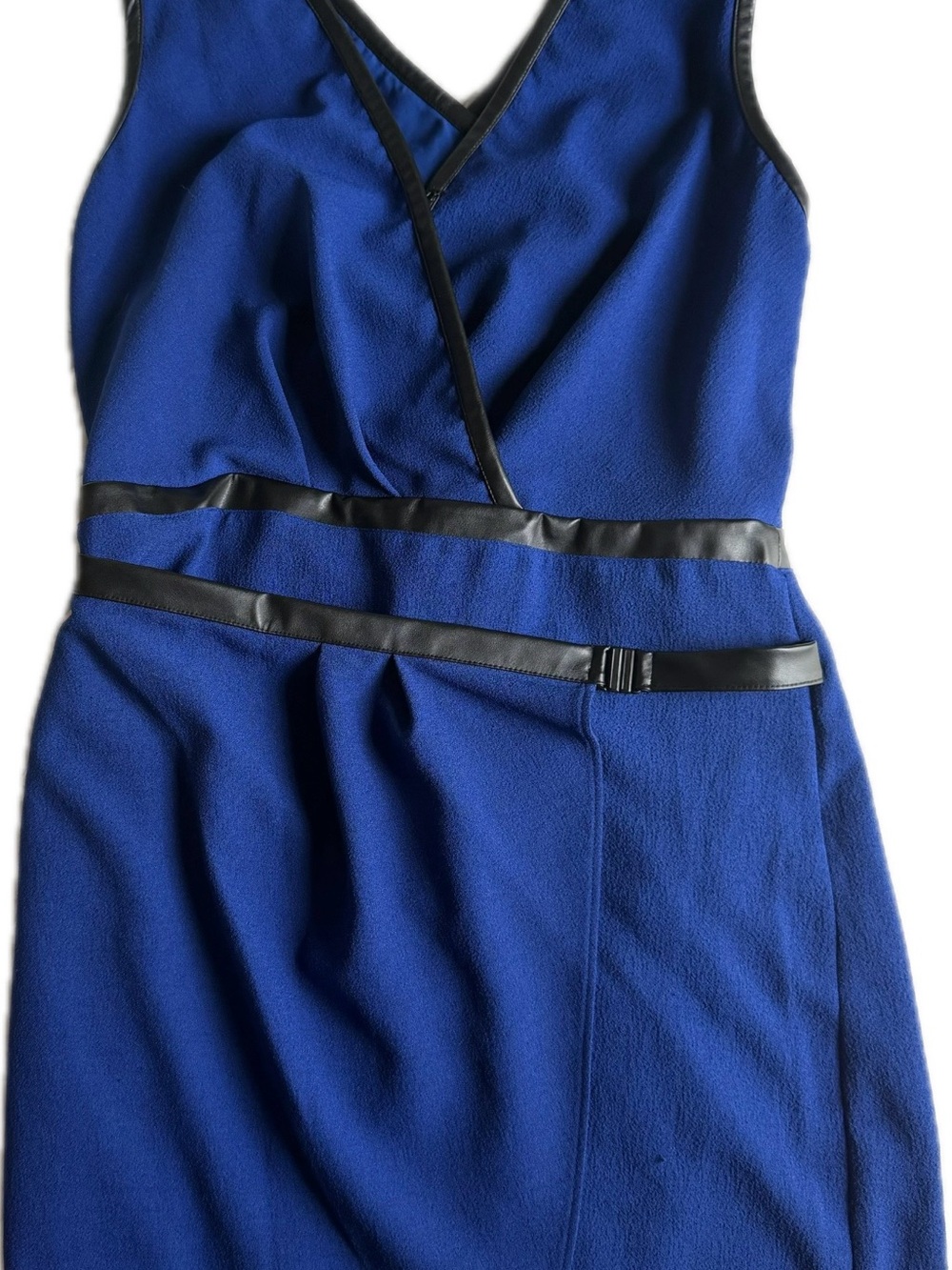 Sleeveless Blue Faux-Leather Trim Dress